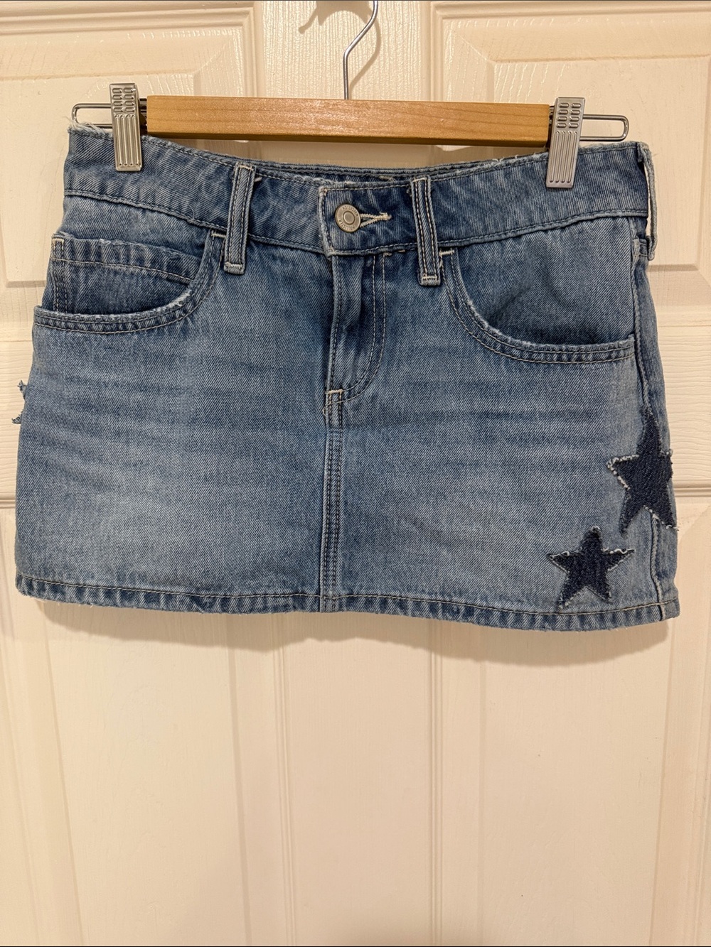 Hollister Light Blue Denim Mini Skirt with Dark Blue Star Patches